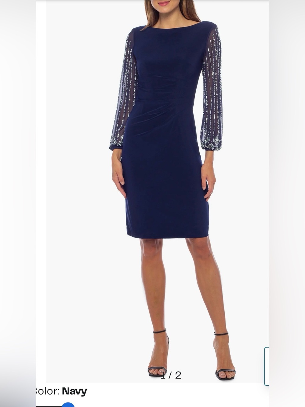 MARINA Navy Sheer Beaded Long-Sleeve Cocktail Dress